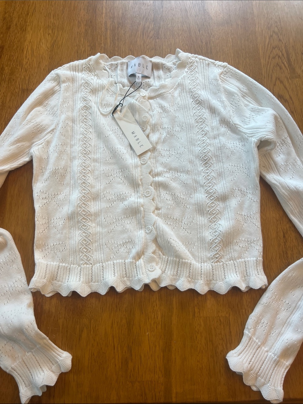 MABLE Romantic White Ruffle-Hem Bow print Pointelle Cardigan NWT small